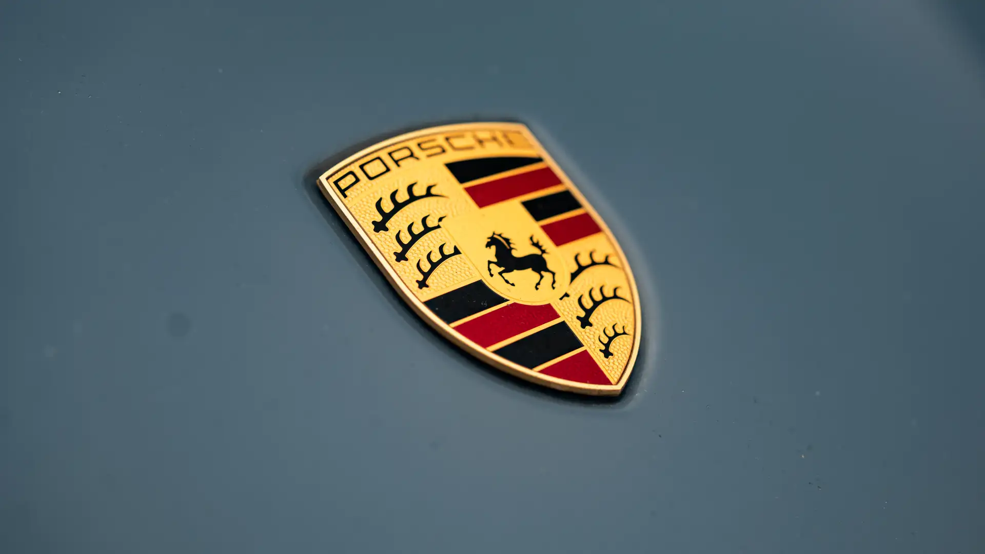 The logo on the hood of our Porsche 911 Turbo.